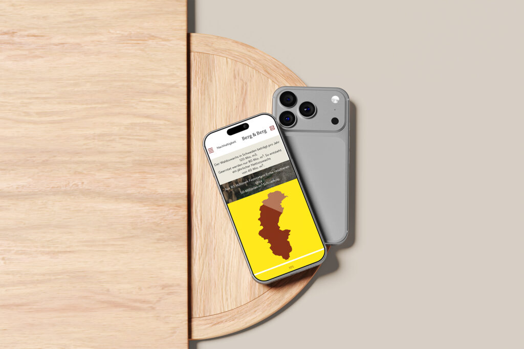 Zwei Smartphones liegen auf einer runden Holzfläche; ein Telefon zeigt die Berg & Berg Website Referenz mit einem gelben und roten Kartenumriss, während das andere seine Rückseite zeigt. Beide sind auf einem hellen Holztisch positioniert.