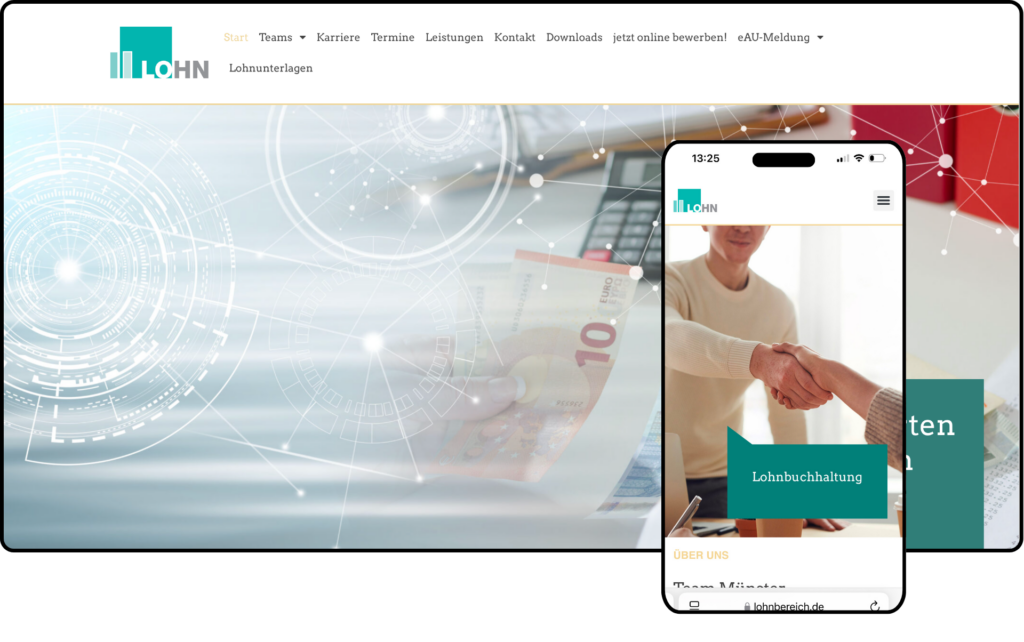 Website für Steuerberater: Lohnbereich, Referenzdarstellung auf Desktop-Monitor und Smartphone