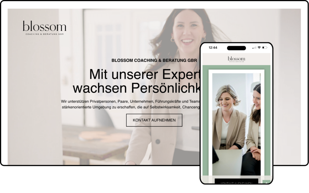 Website für Coaching: Blossom – Coaching & Beratung GbR, Referenzdarstellung auf Desktop-Monitor und Smartphone