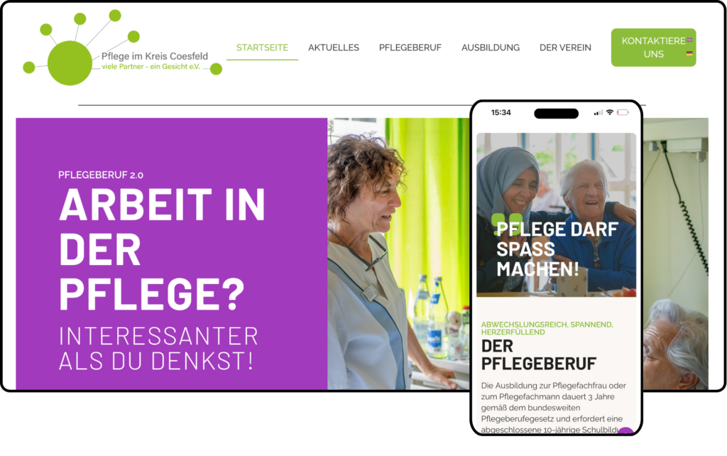 Webseite für Gesundheitswesen: Pflege im Kreis Coesfeld e.V., Referenzfoto der Webseite auf Desktop und Smartphone