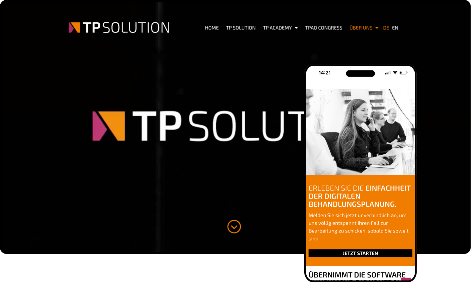 Screenshot einer Website mit schwarzem Hintergrund, auf der im Text „TP Solution“ steht. Auf dem Bild eines Smartphones sind Menschen im Gespräch zu sehen, mit orangefarbenem Text auf Deutsch über digitale Behandlungsplanung. Auf einer Schaltfläche steht „JETZT STARTEN“.
