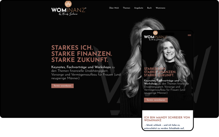 Die Startseite einer Website zeigt ein Schwarz-Weiß-Foto einer lächelnden Frau mit langen Haaren. Der Haupttext lautet: STARKES ICH. STARKE FINANZEN. STARKE ZUKUNFT. Die Website wird sowohl auf Desktop- als auch auf mobilen Bildschirmen angezeigt.