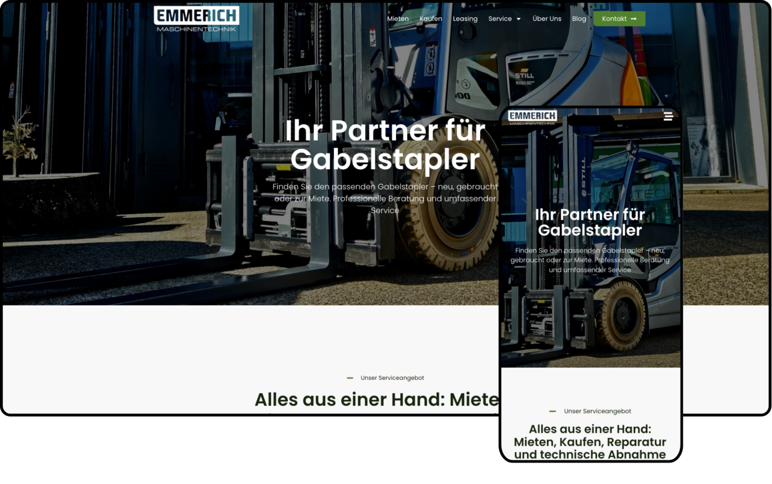 Eine Website und ihre mobile Version, die einen Gabelstapler mit dem Text Ihr Partner für Gabelstapler und dem Emmerich-Logo zeigt und die Vermietung, den Kauf, die Reparatur und die technische Überprüfung von Gabelstaplern anbietet.