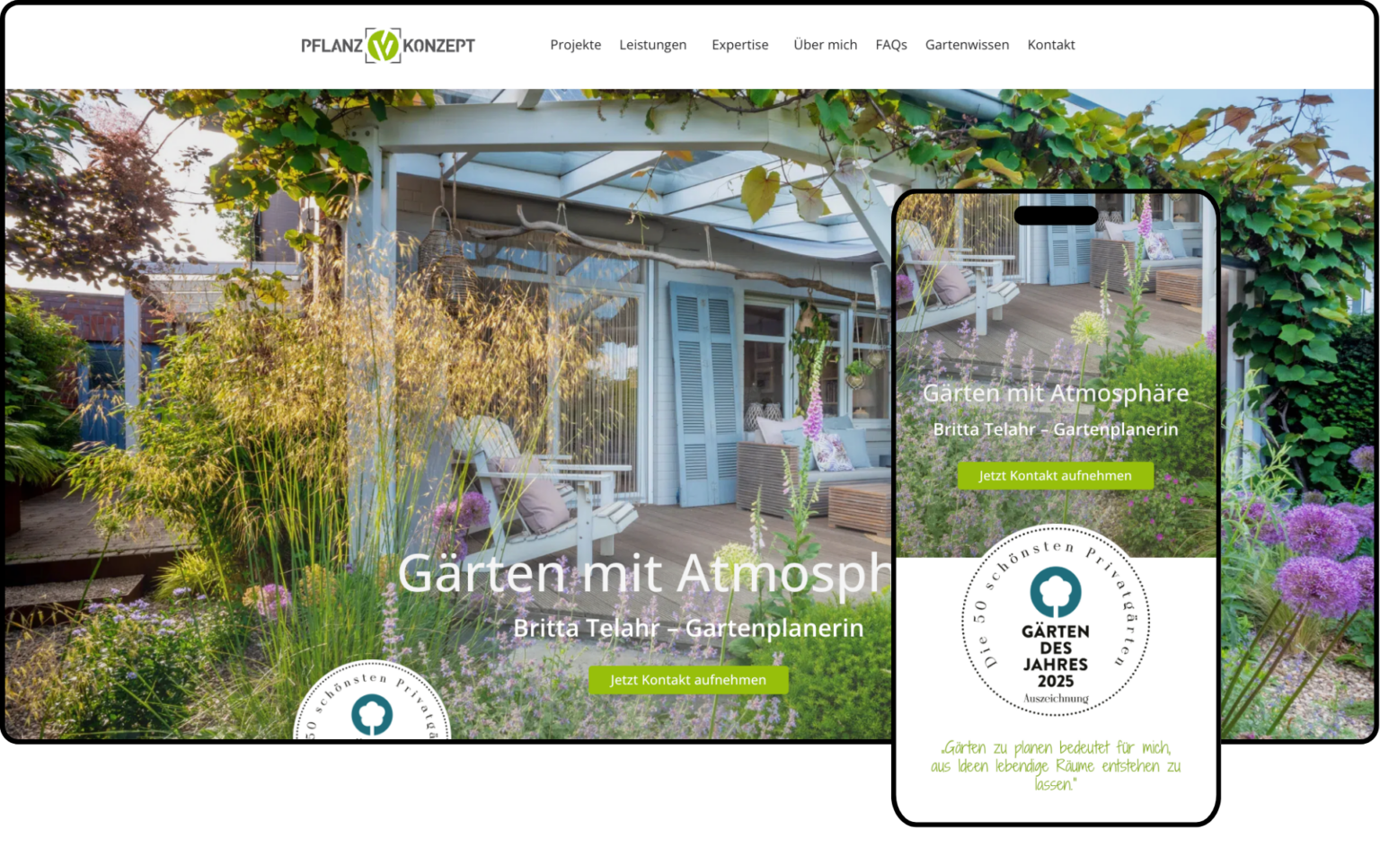Eine Gartenplanungs-Website wird auf einem Desktop- und einem Handy-Bildschirm angezeigt. Sie zeigt einen üppigen Garten mit einer Holzterrasse, Blumen und dem Text "Gärten mit Atmosphäre, Britta Telahr - Gartenplanerin.".