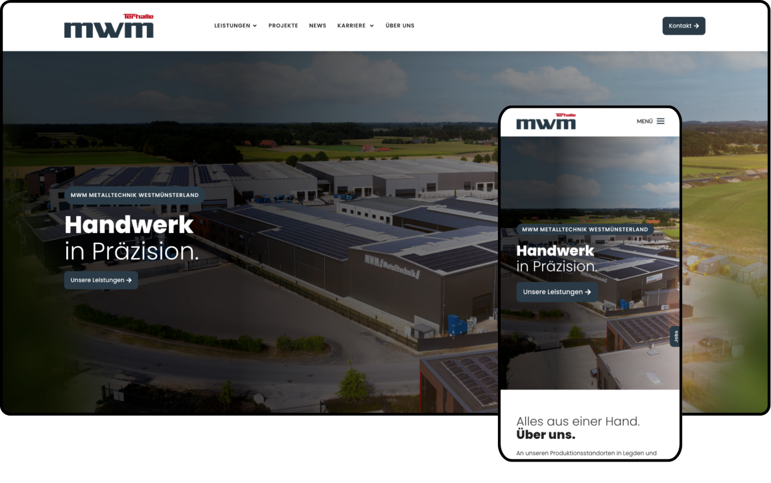 Eine Website von MWM Metalltechnik zeigt eine Luftaufnahme eines Industriegebäudekomplexes. Der Text lautet: „Handwerk in Präzision“. Die Seite wird sowohl auf einem Desktop-Bildschirm als auch auf einem mobilen Gerät angezeigt.