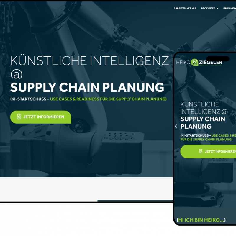 Eine Website-Startseite mit dem Titel Künstliche Intelligenz @ Supply Chain Planung, die sowohl auf einem Desktop- als auch auf einem mobilen Bildschirm angezeigt wird. Der Hintergrund zeigt Roboterarme; grüne Schaltflächen fordern den Nutzer auf, mehr zu erfahren.